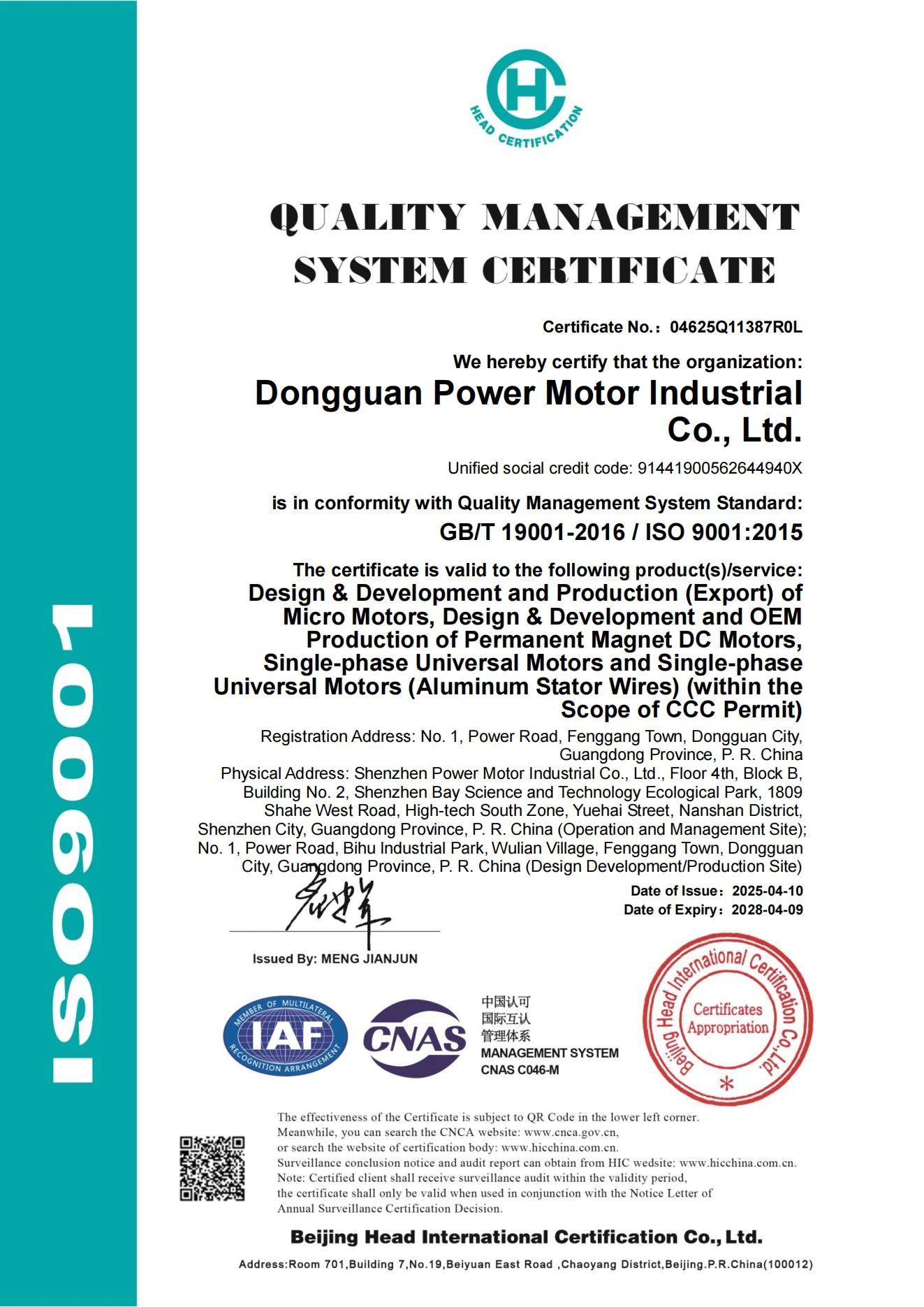 ISO 9001:2015 — Quality management system certification · English original